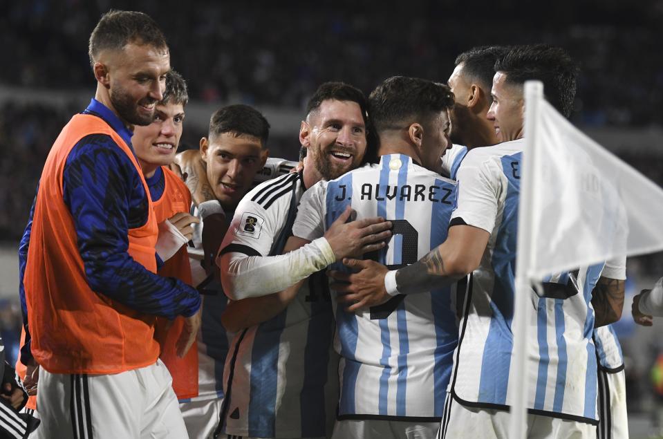 Argentina's Lionel Messi, center, celebrates with his teammates his side's first goal against Ecuador during a qualifying soccer match for the FIFA World Cup 2026, at Monumental stadium in Buenos Aires, Argentina, Thursday, Sept. 7, 2023. (AP Photo/Gustavo Garello)