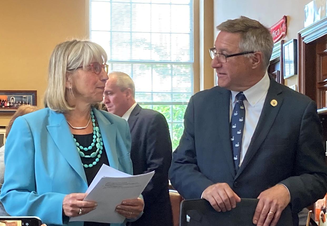 Senate President Karen Spilka, D-Ashland, with Sen. Michael Rodrigues, D-Westport, chair of the Senate Ways and Means Committee present the Senate spending plan for fiscal 2024.