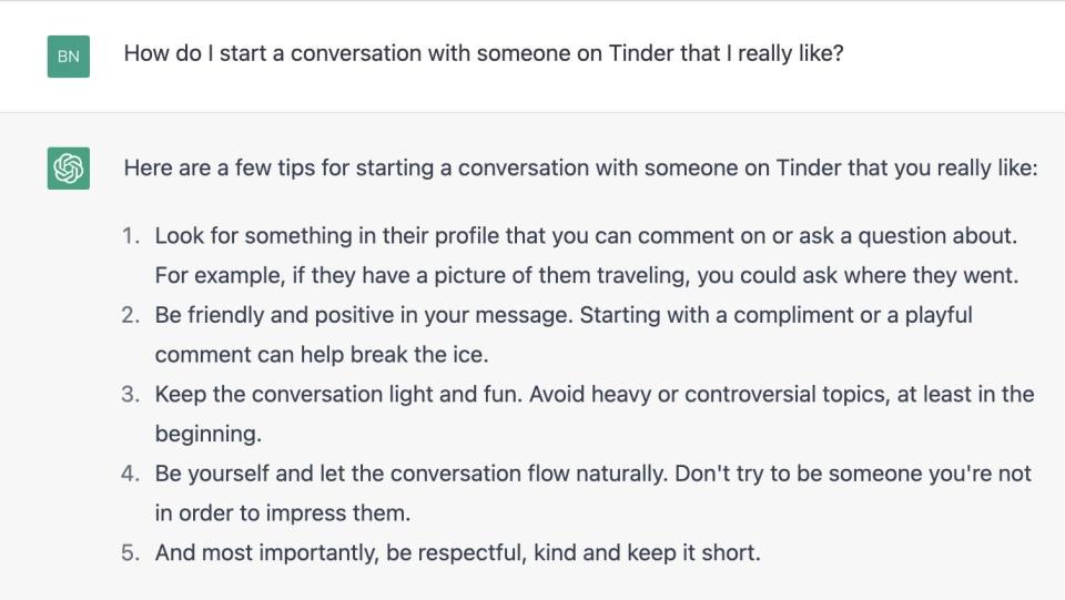 Screenshot of ChatGPT response to "How do I start a conversation with someone on Tinder that I really like?"