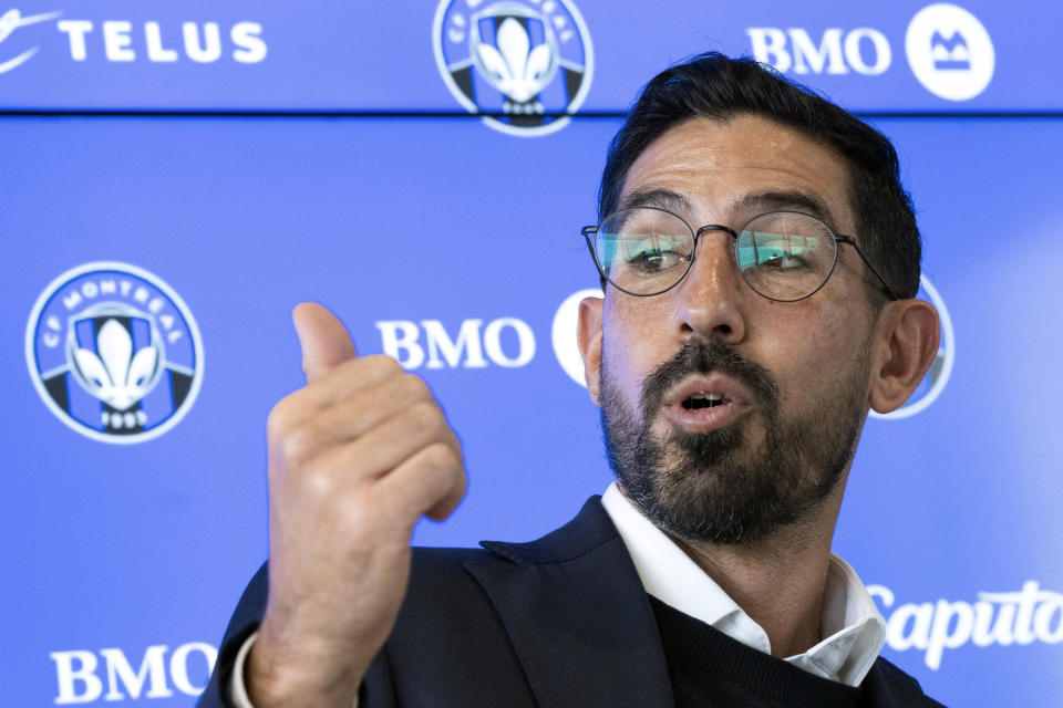 CF Montreal head coach Hernan Losada speaks during an MLS soccer news conference, Tuesday, Oct. 24, 2023 in Montreal. (Ryan Remiorz/The Canadian Press via AP)