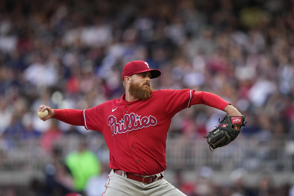 Philadelphia Phillies starting pitcher Dylan Covey delivers in the first inning of a baseball game against the Atlanta Braves, Sunday, May 28, 2023, in Atlanta. (AP Photo/Brynn Anderson)