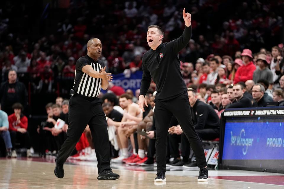 Ohio State interim coach Jake Diebler yells from the bench during Sunday's win over Purdue.