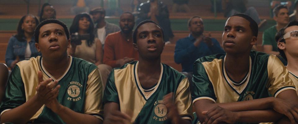 Sian Cotton (Khalil Everage), Dru Joyce III (Caleb McLaughlin) and LeBron James (Marquis “Mookie” Cook) in "Shooting Stars," directed by Chris Robinson.