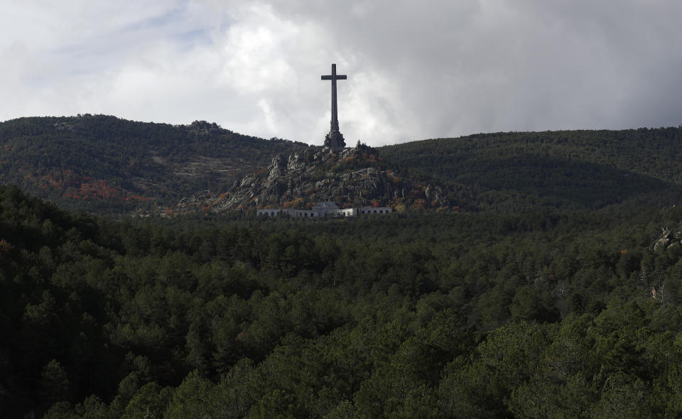 The Valley of the Fallen monument near El Escorial, outside Madrid, Tuesday, Nov. 20, 2018, where the basilica houses the tomb of former Spanish dictator Francisco Franco. Tuesday marks the 43rd anniversary of the death of Dictator Gen. Francisco Franco. (AP Photo/Manu Fernandez)