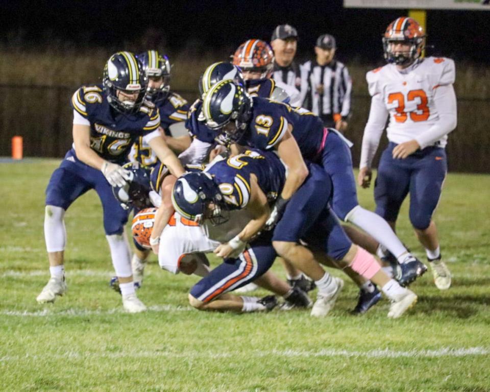 River Valley's defense tackles a Galion ball carrier during a Week 10 football game on Friday. The Vikings will play at Sandusky Perkins on Friday night as they are in the playoffs for the ninth time in school history.
