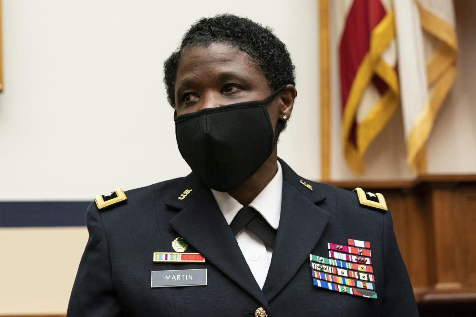 Major Gen. Donna Martin, the Provost Marshal General of the Army, Commanding General U.S. Army Criminal Investigation Command, speaks before a House Committee on Armed Services Subcommittee on Military Personnel, hearing about Military Criminal Investigative Organization Reform Recommendations from the Fort Hood Independent Review Committee, on Capitol Hill, Tuesday, March 16, 2021, in Washington. (AP Photo/Alex Brandon)