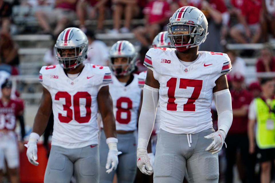 Ohio State linebacker Mitchell Melton (17) lines up during the season opener at Indiana.