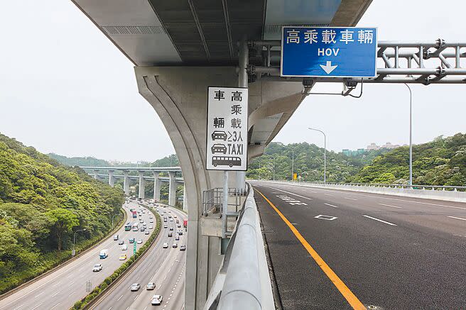 國道1號五楊高架路段設置全天候高乘載專用道，限大客車、計程車和3人以上小客車行駛，但10多年來取締違規績效不彰。圖左下方為國道1號。（本報資料照片）