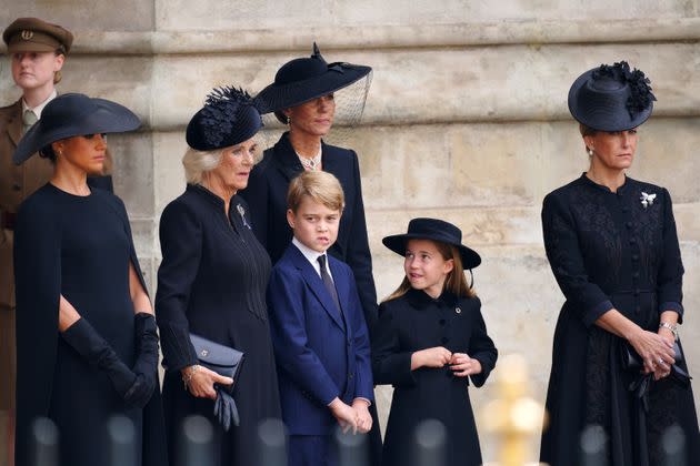 The Duchess of Sussex, the Queen Consort, Prince George, the Princess of Wales, Princess Charlotte and the Countess of Wessex leaving the state funeral of Queen Elizabeth II. (Photo: Peter Byrne - PA Images via Getty Images)