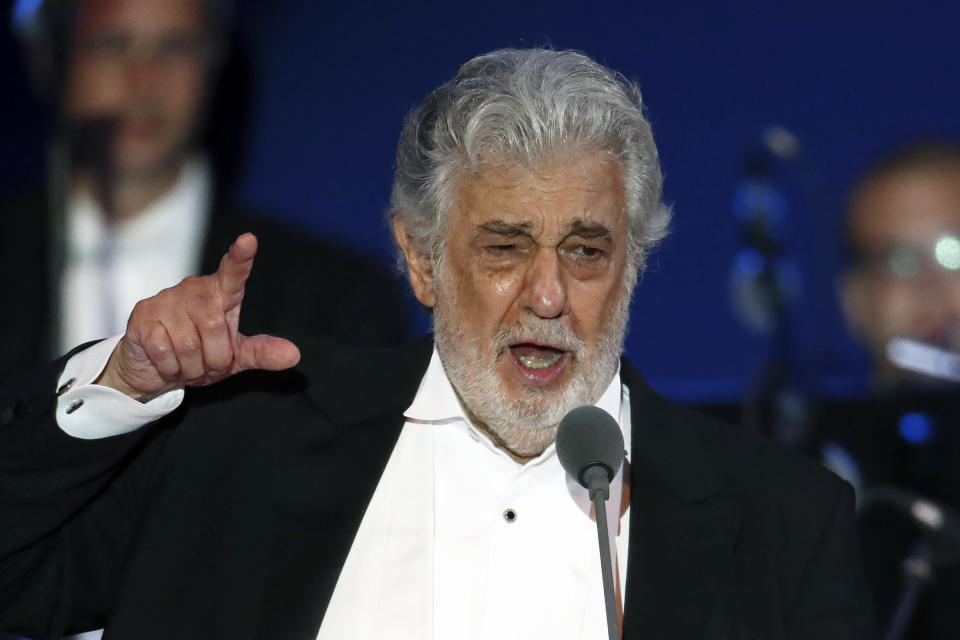 FILE - In this Aug. 28, 2019, file photo, opera singer Placido Domingo performs during a concert in Szeged, Hungary. A senior member of the main U.S. union that represents opera performers resigned Monday, March 2, 2020, accusing the leadership of a cover-up in its investigation into accusations of sexual harassment against superstar Plácido Domingo. Samuel Schultz, a baritone and elected officer of the American Guild of Musical Artists, had provided the full findings of the union's investigation to The Associated Press, which he said AGMA's leadership had planned to keep secret as part of an agreement with Domingo.(AP Photo/Laszlo Balogh, File)