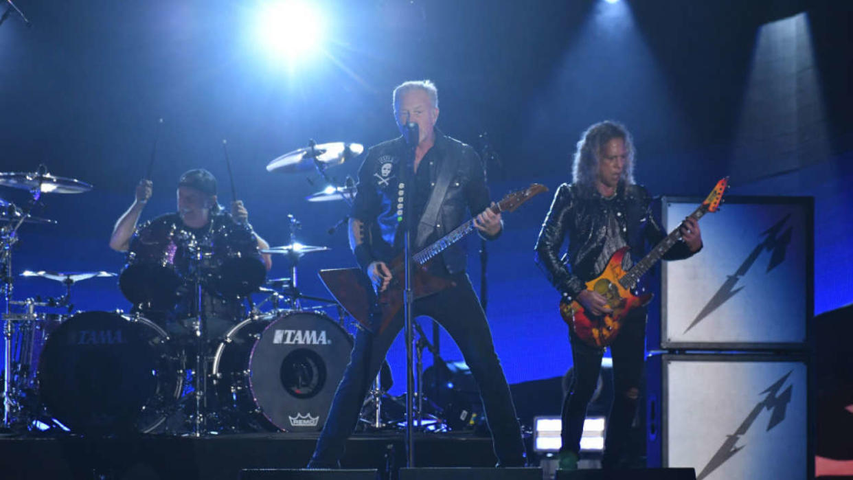 NEW YORK, NY - SEPTEMBER 24: Lars Ulrich, James Hetfield and Kirk Hammett of Metallica at the 2022 Global Citizen Festival in Central Park on September 24, 2022 in New York City.  (Photo by NDZ/Star Max/GC Images)