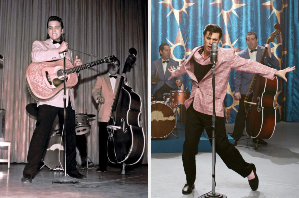 Rock and roll singer Elvis Presley performs (left) on stage in 1956 with Austin Butler (right) in the same black and pink color combo. Costume designer: Catherine Martin