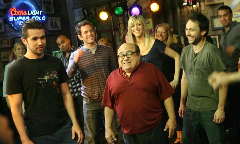 Sunny delight ... Rob McElhenney, Glenn Howerton, Kaitlin Olson, Danny DeVito and Charlie Day on the set of It’s Always Sunny In Philadelphia.