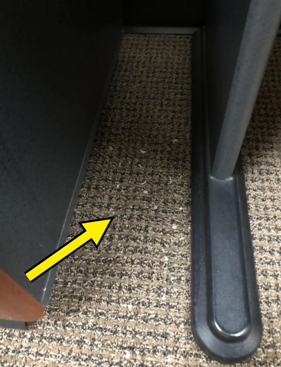 Nail clippings on the ground of an office floor under a desk