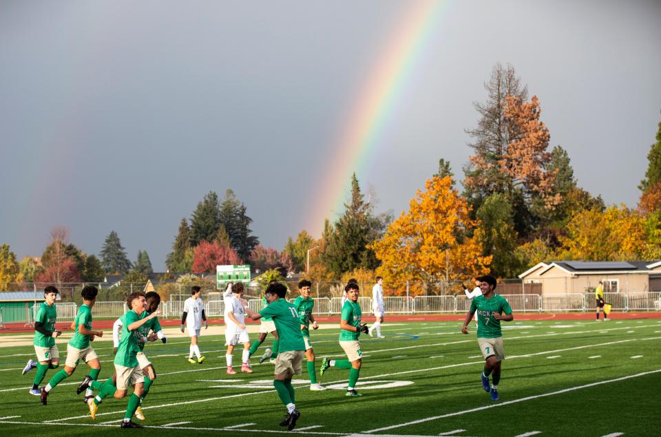 McKay celebrates a goal during the first half of the playoff game against Mountain View at McKay High School in Salem, Ore. on Tuesday, Nov. 1, 2022.