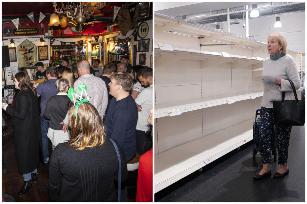 People gather in pubs, left, and a woman walks past empty shelves, right. (SWNS/PA Images)