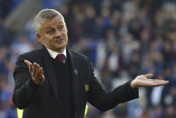 Manchester United's manager Ole Gunnar Solskjaer reacts after the English Premier League soccer match between Leicester City and Manchester United at King Power stadium in Leicester, England, Saturday, Oct. 16, 2021. (AP Photo/Rui Vieira)