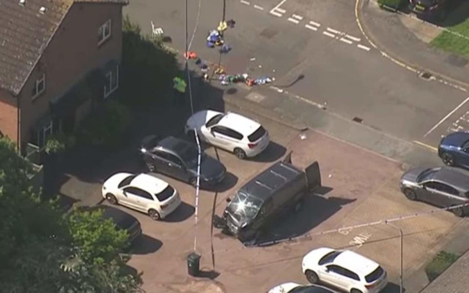 An aerial photo of the van believed to be driven by the sword-wielding suspect