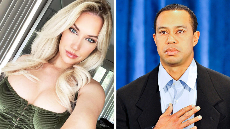 Instagram sensation Paige Spiranac (pictured left) taking a photo and Tiger Woods (pictured right) during a press conference.