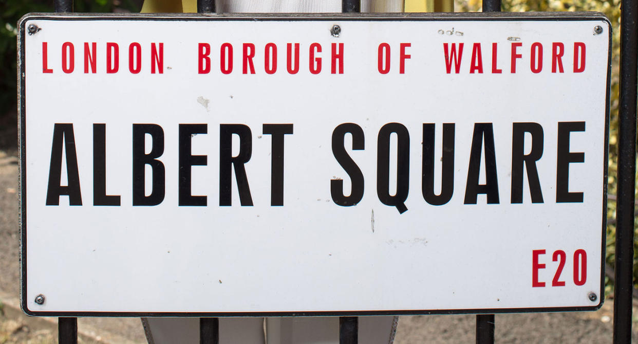 Close up detail of an Albert Square sign on the set of <i>EastEnders</i>. (BBC)