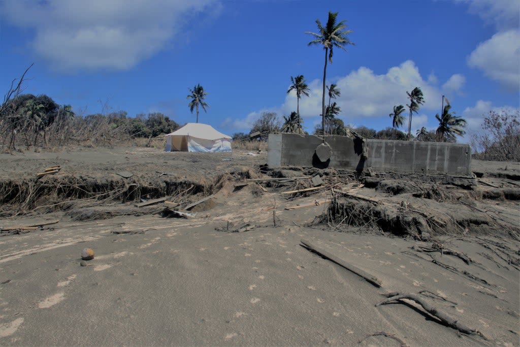 A general view shows damaged buildings and landscape covered with ash following volcanic eruption and tsunami in Kanokupolu, Tonga   (Reuters )