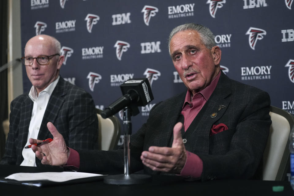 Atlanta Falcons owner Arthur Blank, right, discusses the decision to dismiss head coach Arthur Smith as CEO Rich McKay looks on during a news conference Monday, Jan. 8, 2024, in Atlanta. (AP Photo/John Bazemore)