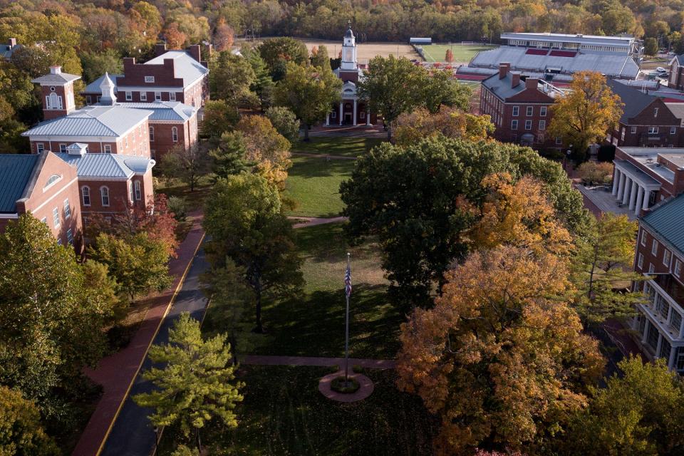 An aerial view of the Wabash College campus in Crawfordsville, Indiana. In its 2023 college guide, "The Best Value Colleges," The Princeton Review rated Wabash as No. 2 in Best Alumni Network, No. 4 in Best Schools for Internships, and No. 26 in Best Value Colleges for private schools.