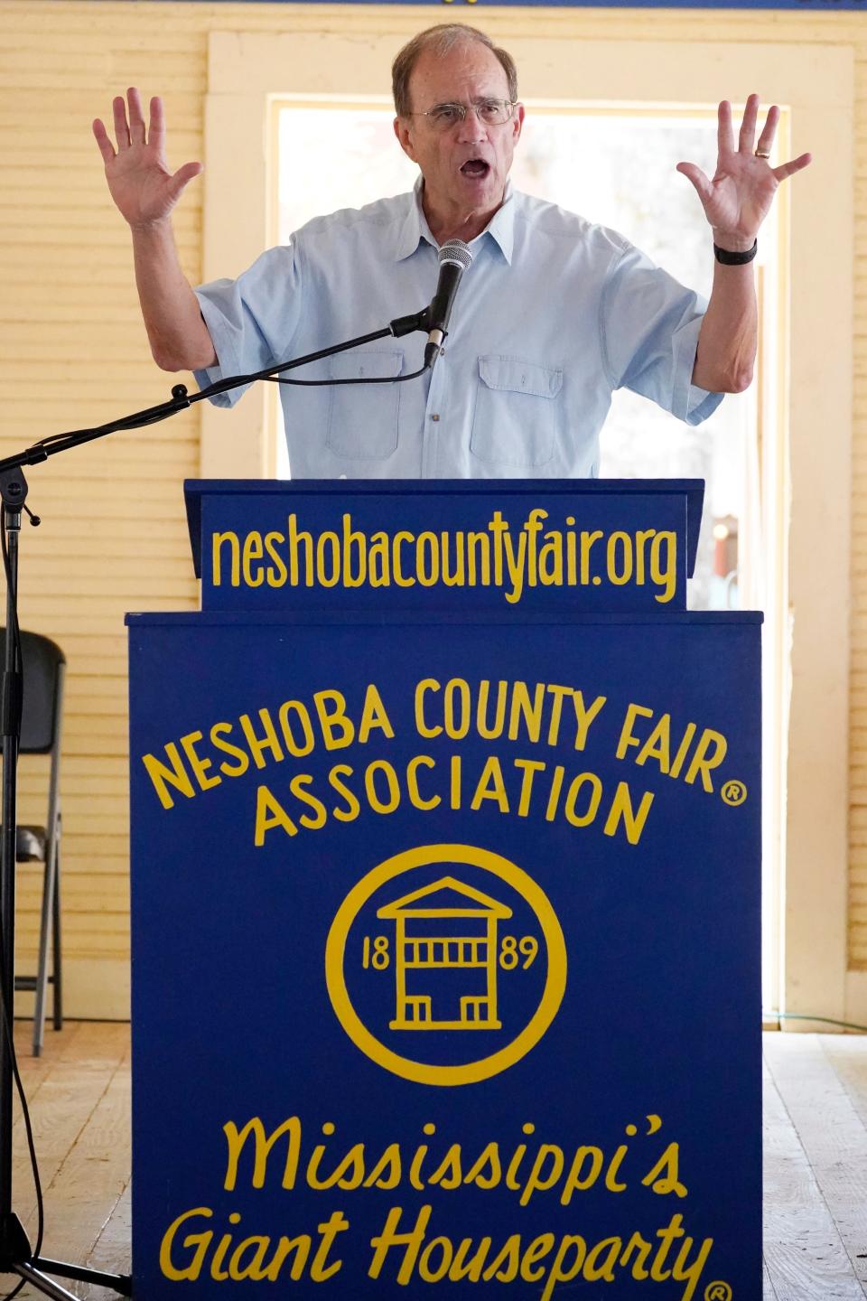 Mississippi Lt. Gov. Delbert Hosemann addresses attendees at the Neshoba County Fair in Philadelphia, Miss., Wednesday, July 28, 2021. Hosemann spoke of the availability of work statewide for those seeking employment. (AP Photo/Rogelio V. Solis)