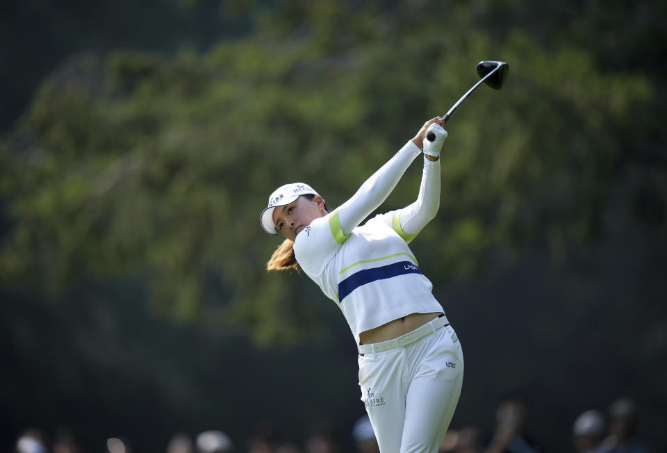 Jin Young Ko, of South Korea, hits her tee shot on the seventh hole during the final round at the CPKC Women’s Open golf tournament Sunday, Aug. 27, 2023, in Vancouver, British Columbia. (Darryl Dyck/The Canadian Press via AP)