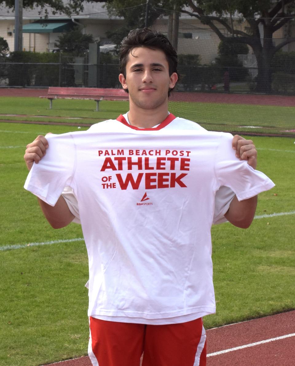 Saint Andrews' Nick Testa poses with his Athlete of the Week shirt on April 11, 2024.