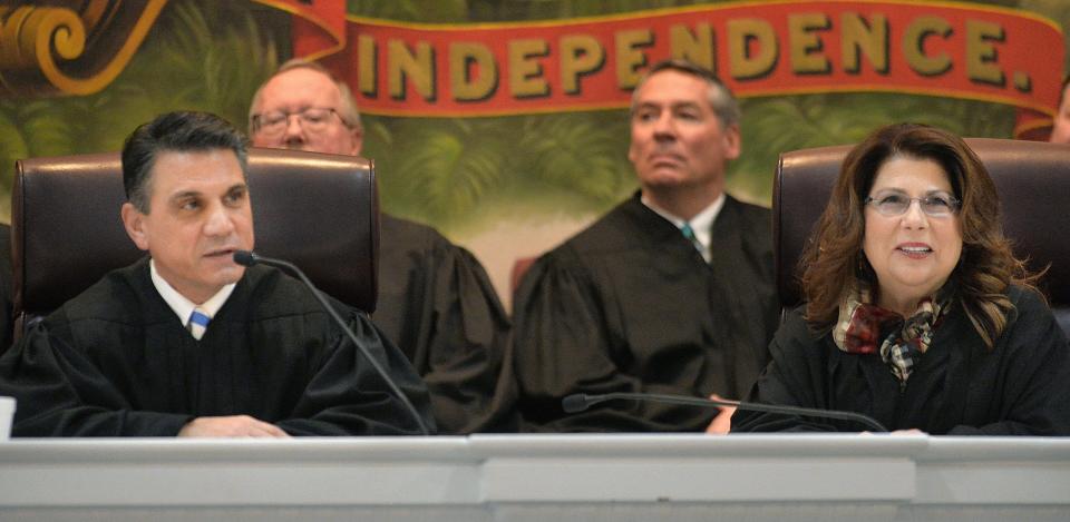 Erie County Judge Stephanie Domitrovich, right, stepped down from the local bench in May 2022. At her immediate left is Judge John J. Trucilla, who was the county's president judge when this photo was taken in January 2020. Above left is the county's current president judge, Joseph M. Walsh III. At above right is Judge John J. Mead.