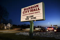 The sign outside Barron, Wisconsin City Hall, welcomes Jayme Closs, a 13-year-old northwestern Wisconsin girl who went missing in October after her parents were killed. Source: Associate Press