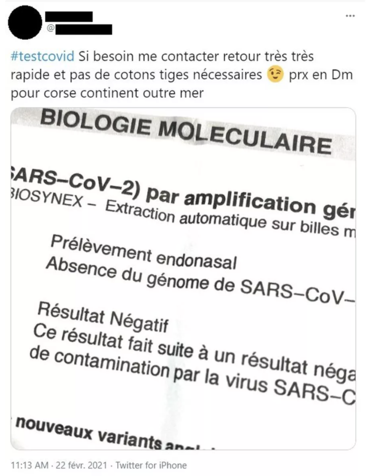 Ce compte propose un faux test PCR négatifs.