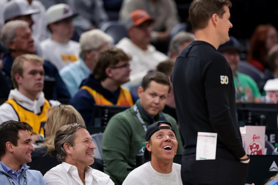 Utah Jazz owner Ryan Smith talks to head coach Will Hardy during the game against the Memphis Grizzlies at the Delta Center in Salt Lake City on Wednesday, Nov. 1, 2023. | Spenser Heaps, Deseret News