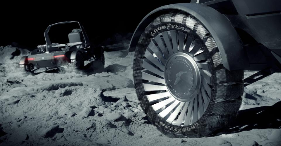 This artist's rendering shows what a new lunar vehicle tire may look like. The company is developing the new tires as part of NASA's Artemis program, which aims to return to the moon in 2025.