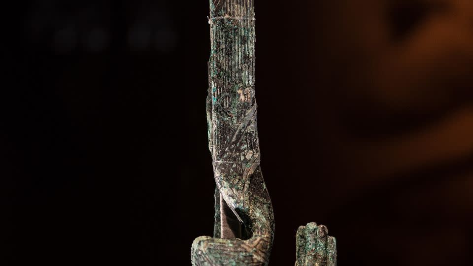 'Kneeling figure with a twisted head', bronze, at the Hong Kong Palace Museum in Hong Kong, China on September 26, 2023. - Noemi Cassanelli/CNN