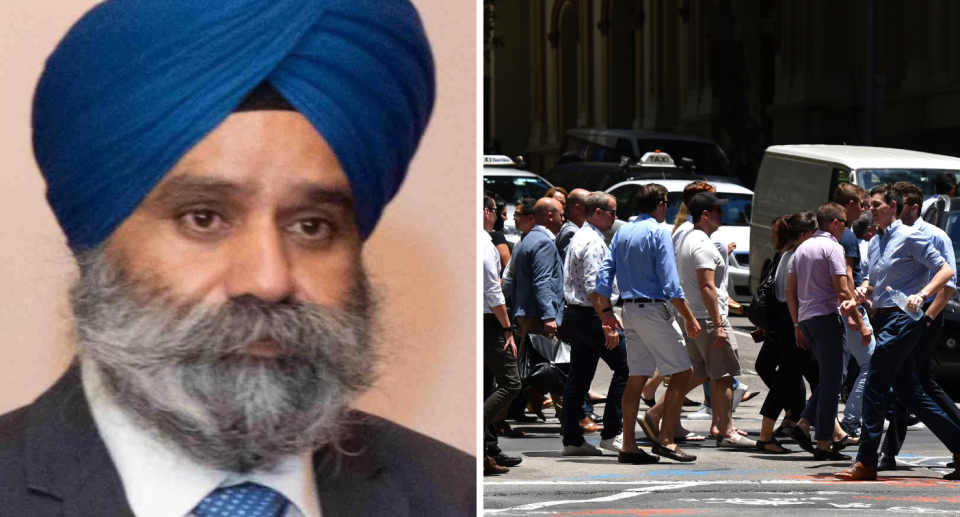 Composite image of The Indian investor said Aussies could easily have their jobs outsourced to cheaper overseas workers. and Australian office workers. Work from home warning.