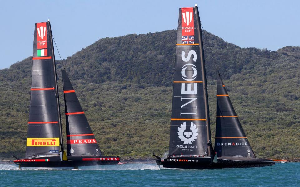 Ineos Team UK, right, leads Italy's Luna Rossa during the Prada Cup challengers series on Auckland's Waitemate Harbour, New Zealand, Friday, Jan. 15, 2021. The winner of the five week long Challenger Series goes on to challenge defenders Team New Zealand for the America's Cup from March 6 to 15 - Brett Phibbs /NZ HERALD 