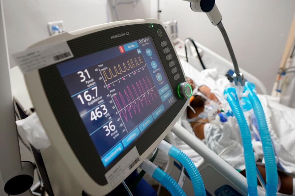 A ventilator helps a COVID-19 patient breathe inside the coronavirus unit at United Memorial Medical Center July 6 in Houston.