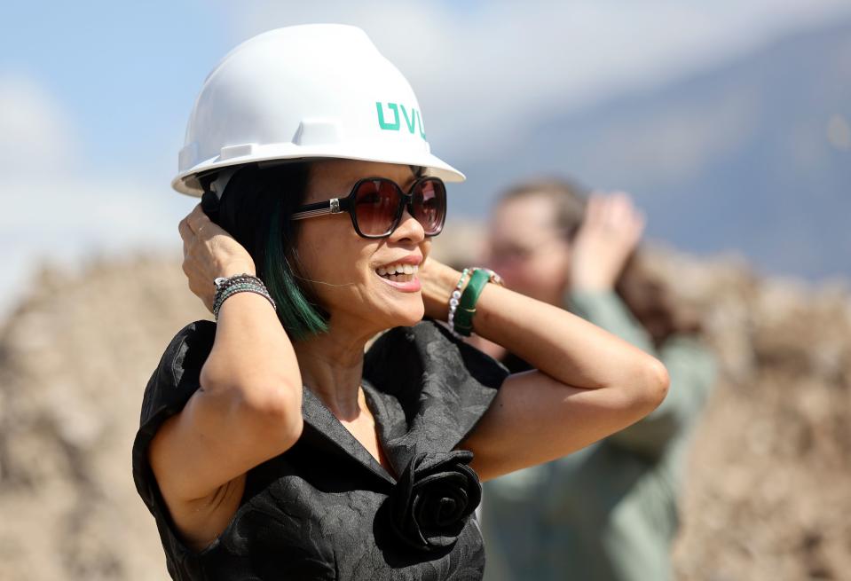 Utah Valley University President Astrid S. Tuminez adjusts her hard hat during a groundbreaking ceremony for the Scott M. Smith College of Engineering and Technology Building at UVU in Orem on Thursday, Sept. 21, 2023. | Kristin Murphy, Deseret News