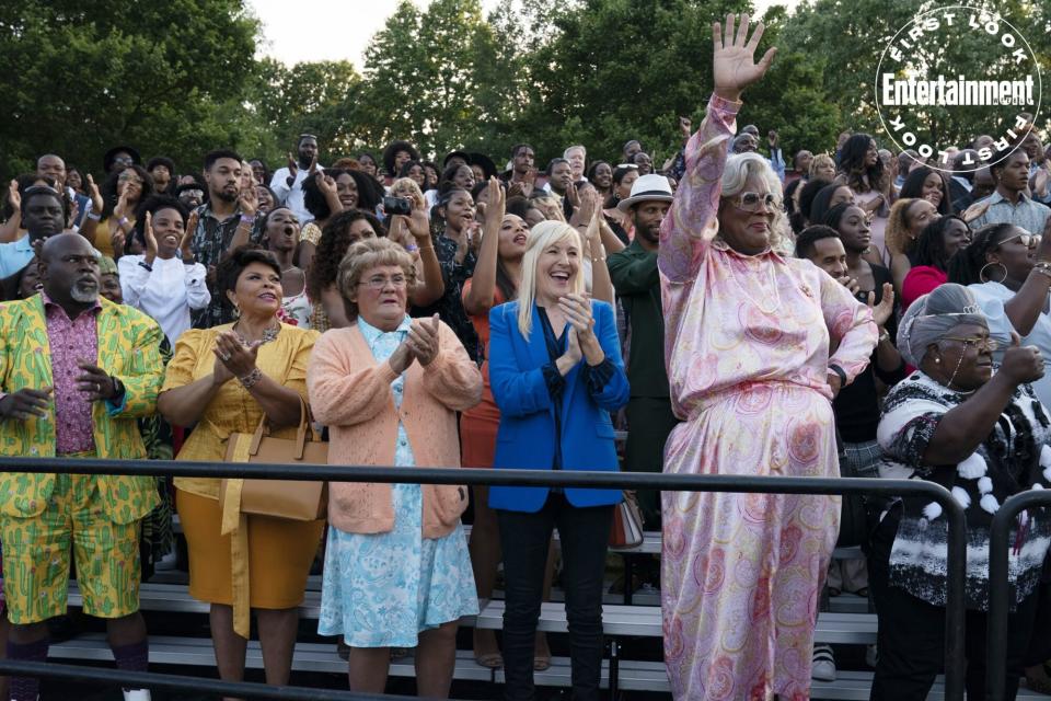 A Madea Homecoming (2022), L to R: David Mann as Mr. Brown, Tamela Mann as Cora, Brendan O’Carroll as Agnes Brown, Jennifer Gibney as Cathy, Tyler Perry as Madea, and Cassi Davis-Patton as Bam