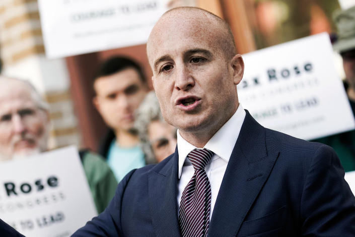 FILE - Max Rose speaks during a press conference, Sept. 29, 2022, in the Brooklyn borough of New York. Rose, a Democrat who previously served in Congress between 2019 and 2021, is running for office in New York's 11th Congressional District. (AP Photo/Julia Nikhinson, File)