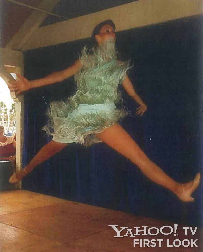 Phyllis Smith doing a jump split while dancing with a small revue at Shoreline Village in Long Beach, CA