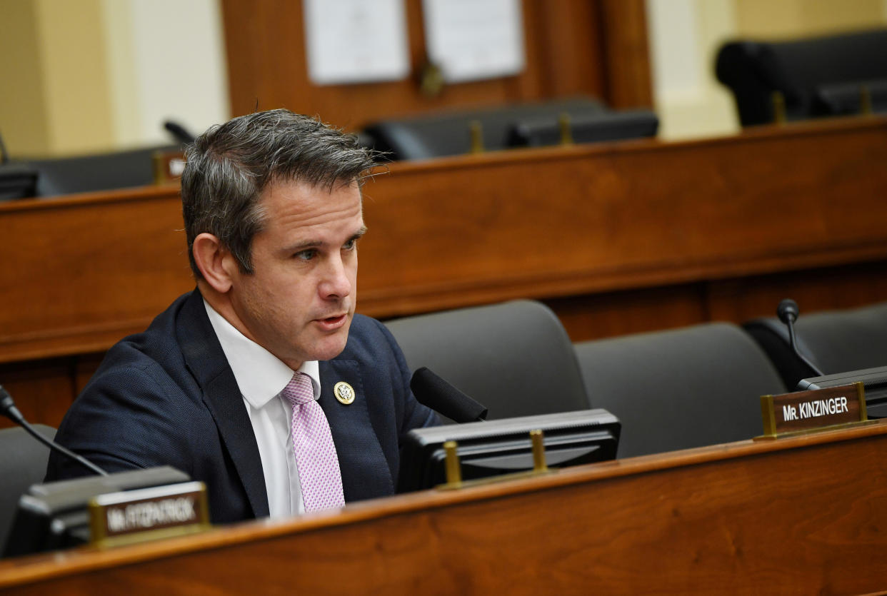 Rep. Adam Kinzinger (R-Ill.) questions witnesses during a House Committee on Foreign Affairs hearing looking into the firing of State Department Inspector General Steven Linick, on Capitol Hill, in Washington D.C., U.S., September 16, 2020. (Kevin Dietsch/Pool via Reuters)