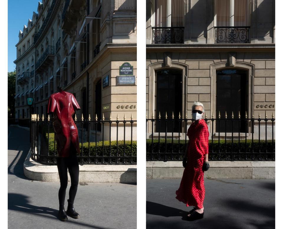 Wearing Balenciaga by Nicolas Ghesquière and Balenciaga by Demna Gvasalia in front of the Gucci store.