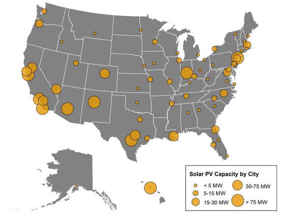 U.S. Cities by Cumulative Installed Solar PV Capacity, End of 2016.