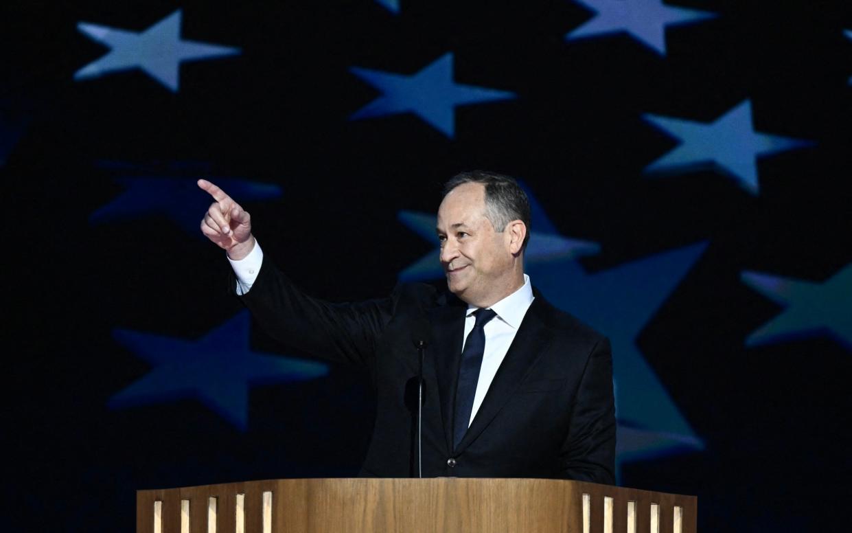 US Second Gentleman Douglas Emhoff speaks on the second day of the Democratic National Convention