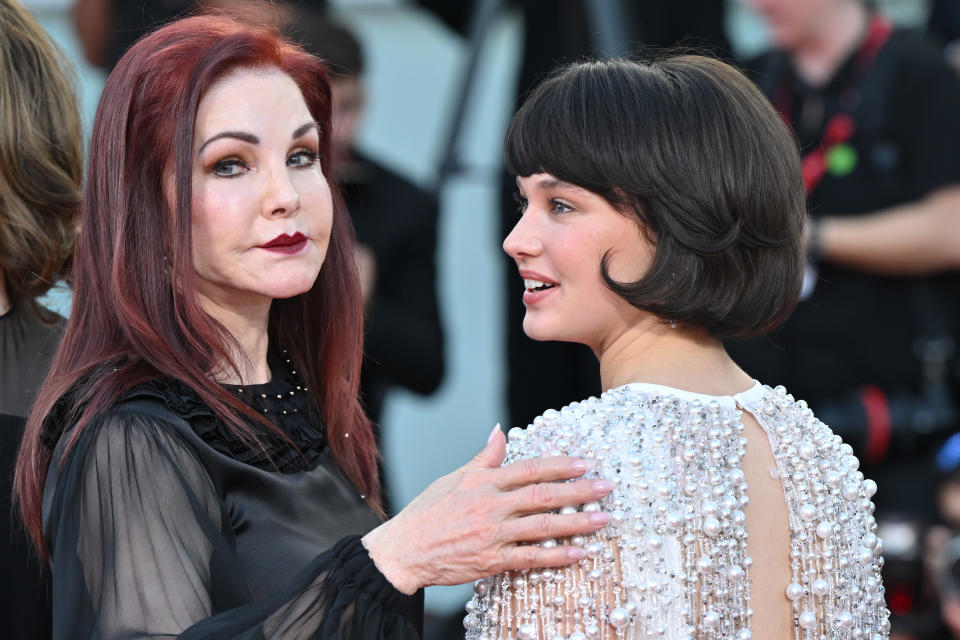 VENICE, ITALY - SEPTEMBER 04: Priscilla Presley and Cailee Spaeny attend a red carpet for the movie 