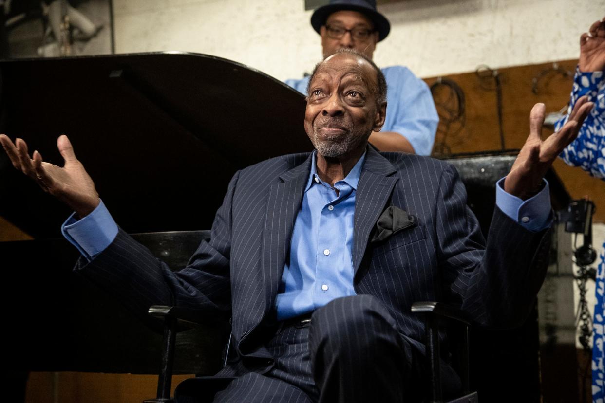 Recently retired Spinners co-founder Henry Fambrough shares stories inside Studio A at the Motown Museum in Detroit on Friday, May 19, 2023.