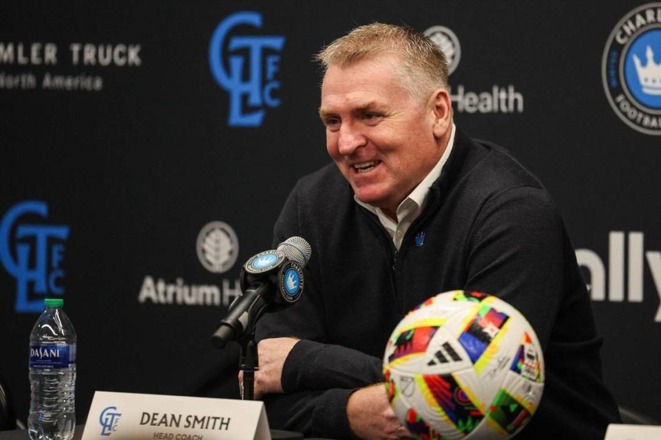 Charlotte FC’s new head coach Dean Smith is introduced during a press conference at Atrium Health Performance Park on Monday, December 18, 2023.